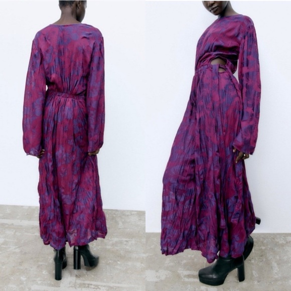 💜 ZARA BOHO PURPLE PINK JACQUARD LONG SLEEVE SIDE TIE MAXI DRESS! - Picture 9 of 16